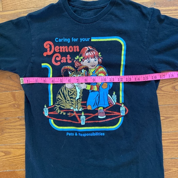 😈Steven Rhodes black sz S/M “Caring for your Demon Cat” short sleeve t shirt. - Picture 2 of 8